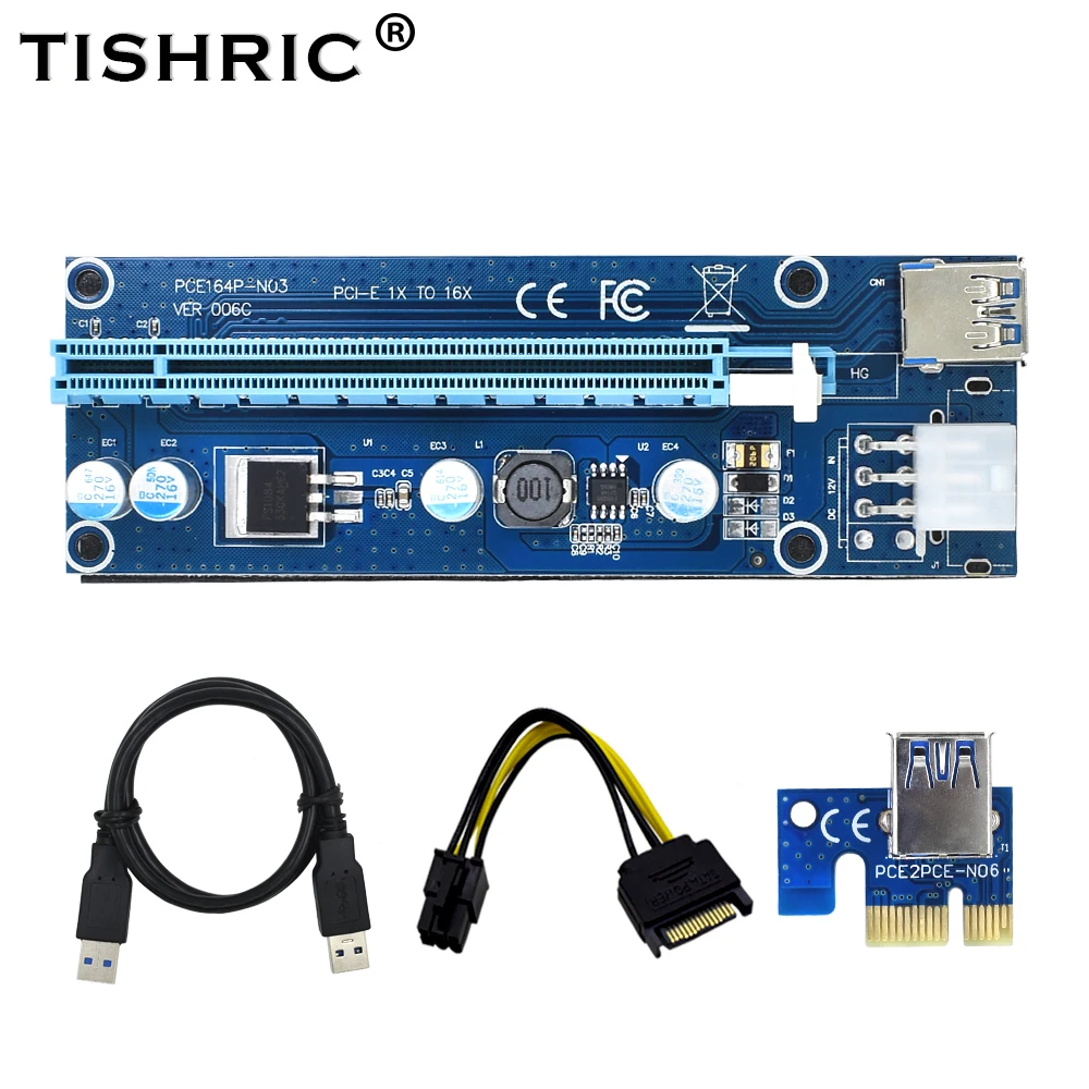 TISHRIC 100 шт. VER006C синий PCI E расширитель 1x к 16x Express Riser Card USB 3 0 кабель SATA 6Pin питание для