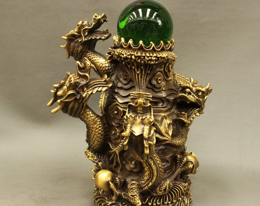 

11" Old China FengShui Bronze JiXiang 5 Pang Lung Dragon Pearl Animal Statue