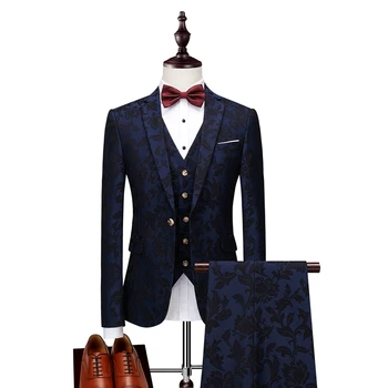 

2018 Men Suit Blue Flower Business Men Suits 3 Pieces Slim Fit Wedding Tuxedos Groomsmen Best Man Formal Suit for Men Tuxedos