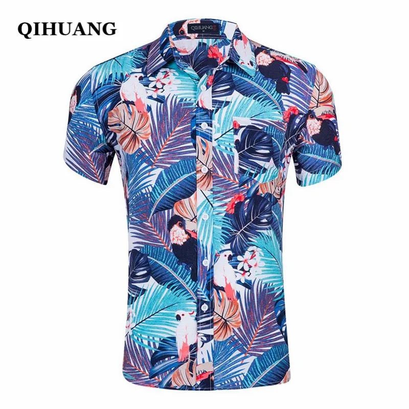 Qihuang 2018 Лето Для мужчин Мужская рубашка с короткий рукав гавайская Slim Fit хлопка
