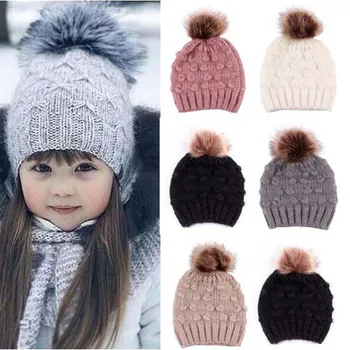 

Cute Kids Girls Boys Knitted Hat Baby Winter Warm Crochet Beanie Cape With Pom Pom Toddler Hat 5 Colors