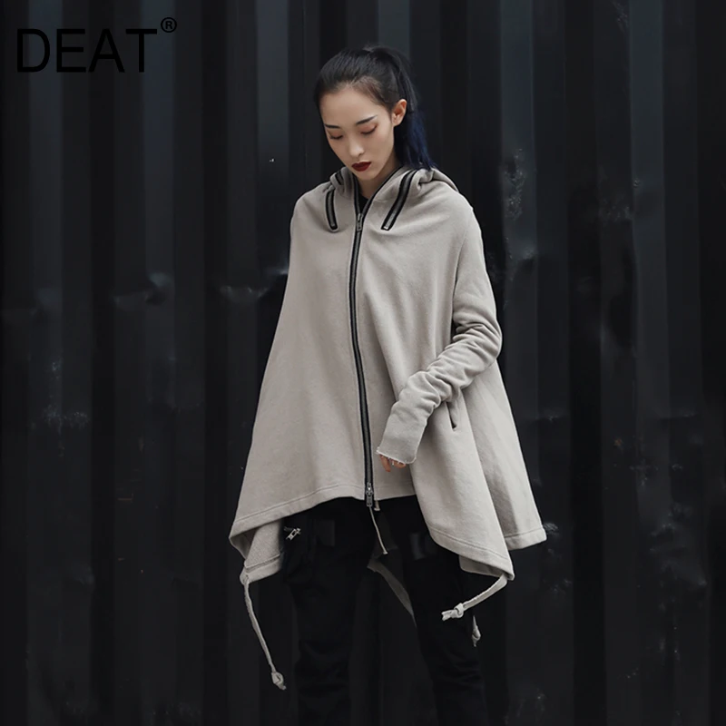 

[DEAT] 2019 New Spring Summer Hooded Long Sleeve Khaki Hem Irregular Ribbon Loose Big Size Jacket Women Coat Fashion Tide JR50
