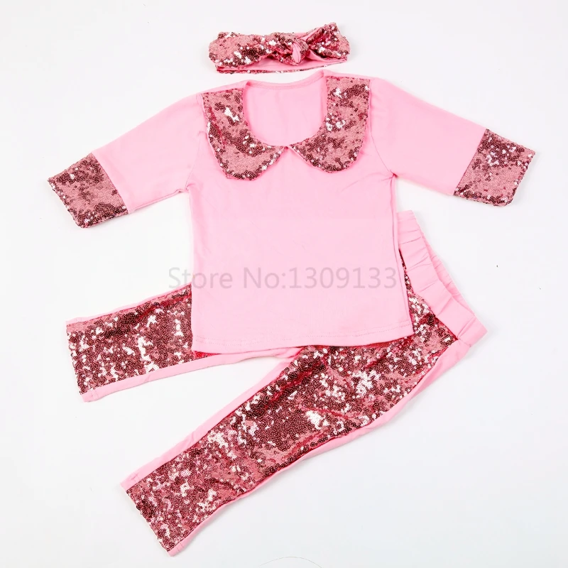 

Pink Sparkle Sequins Peter Pan Collar Shirt Top with Baby girls SEQUIN PANTS Leggings and knot Headband