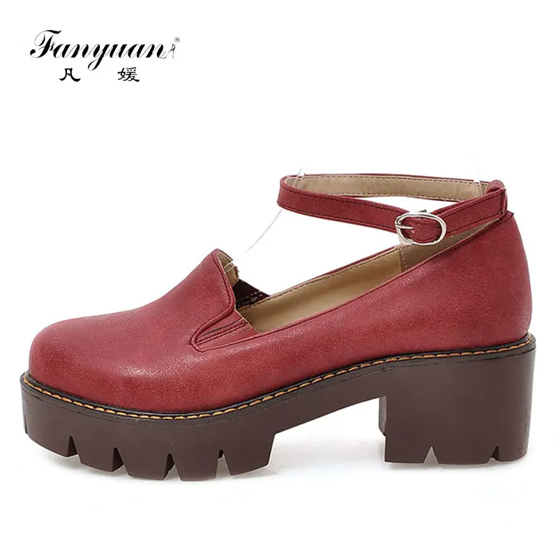 

Fanyuan Women Pumps High Heels Shoes British Style Ladies Vintage Shoes Platform Thick Heels Sweet Round Toe Girl Students Shoes
