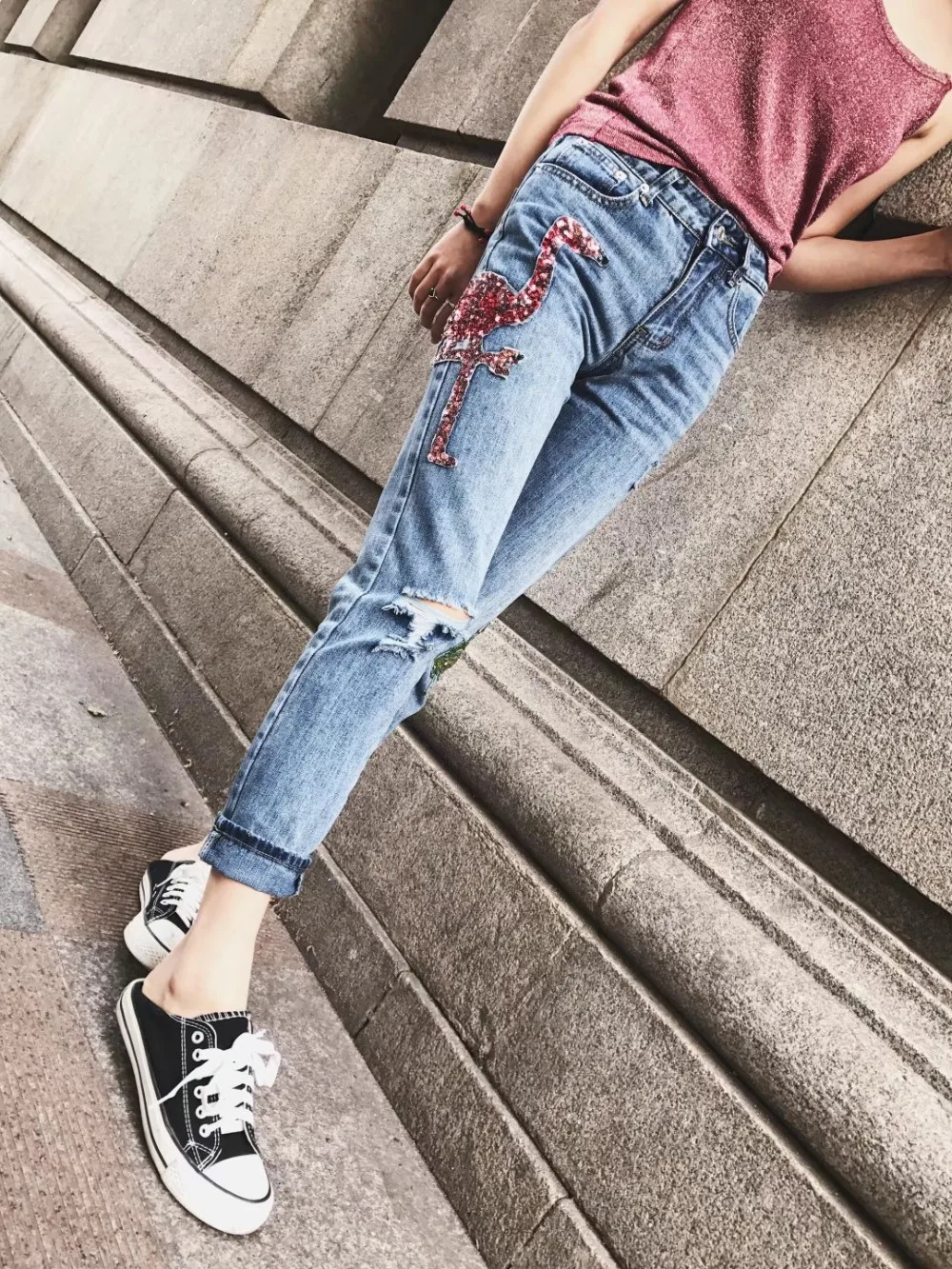 2017 Women Jeans with Flamingo Sequined Ripped Knee Hole High Waist