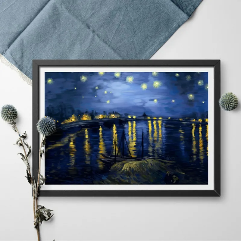 BLACK STARRY NIGHT BY VINCENT VAN GOGH PICTURE POSTER FRAMED