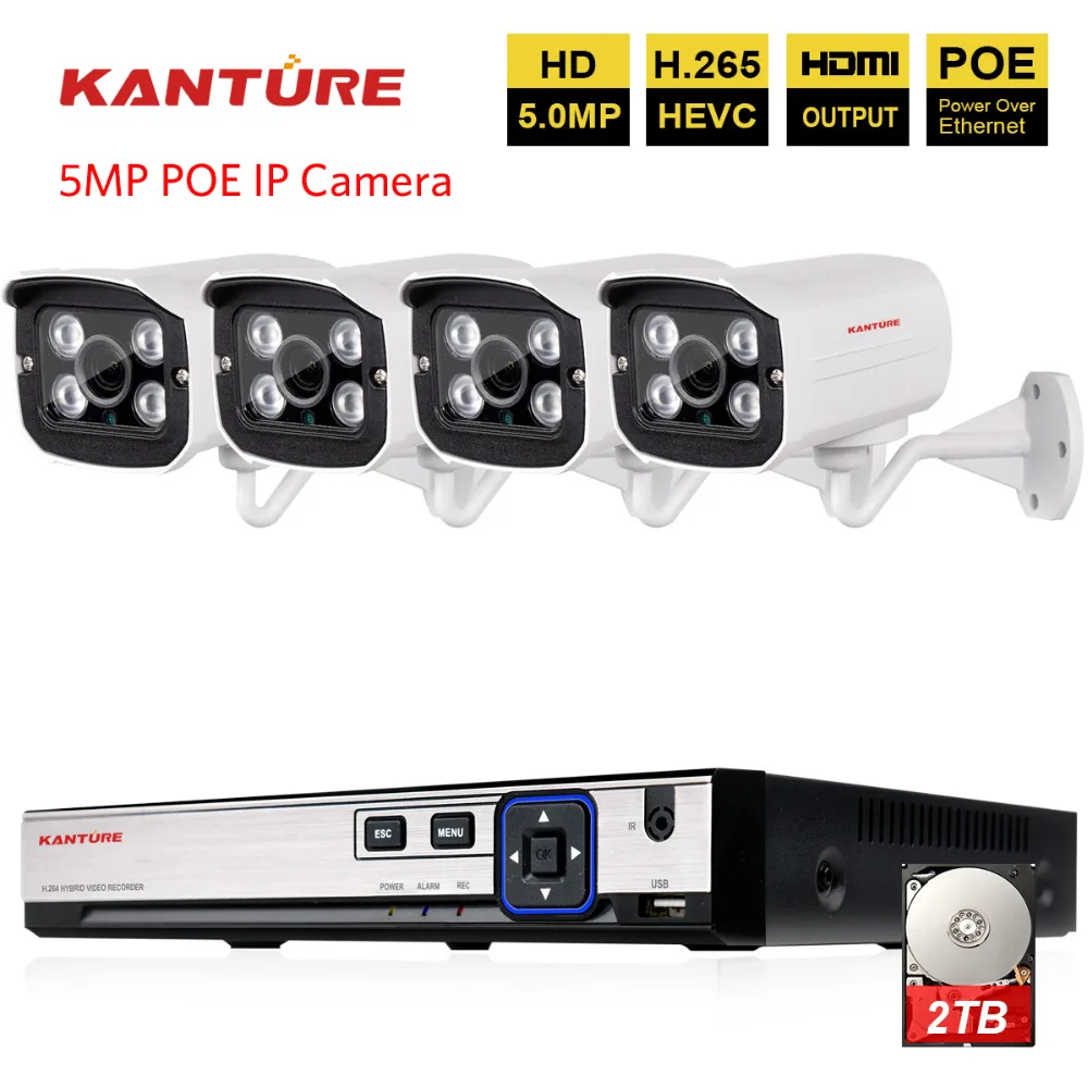 

KANTURE H.265 4CH 5MP POE NVR System with 4PCS 5MP 2592*1944 IP66 security Outdoor waterproof POE IP cameras kit P2P Onvif NVR