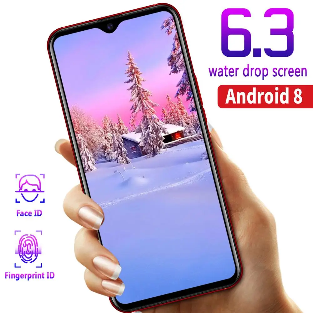 

Luxury smartphone 6.3 inch water drop screen android mobile phone fingerprint face ID cell phone leather texture A Bluetooth 3.5