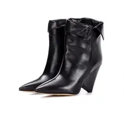 Пикантные черные сапоги кожаные сапоги Женская обувь с острым носком конусообразный каблук раза выше женская зимняя обувь 2018 высокое