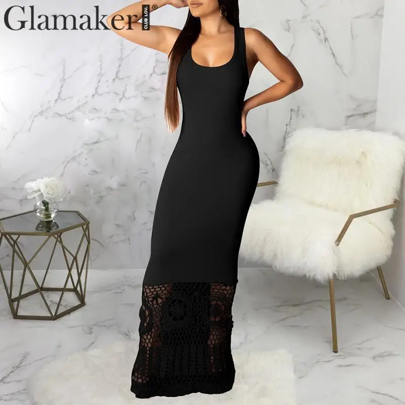 Glamaker, черное вязанное платье, женское, весна-лето, элегантное, макси платье, вечерние, для ночного клуба, для отдыха, Пляжное, облегающее платье - Цвет: Черный