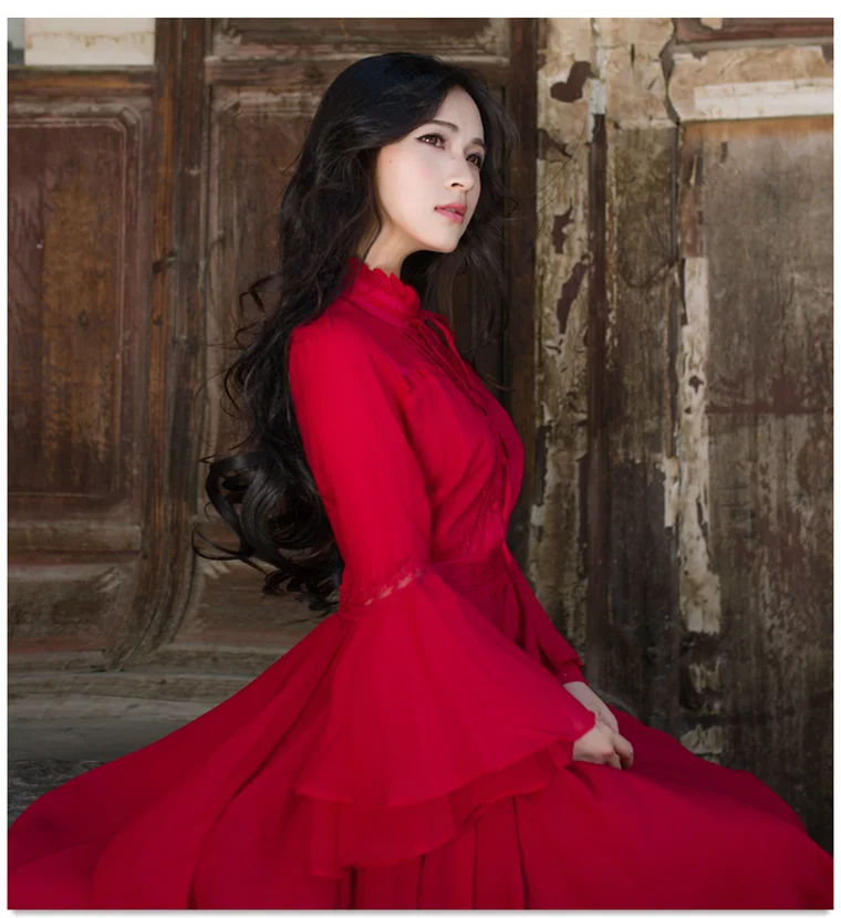 Красное винтажное платье с расклешенными рукавами и кружевным воротником, платье принцессы Ренессанса в викторианском стиле, длинное платье Marie