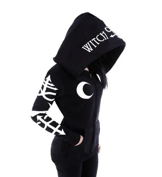 

Gothic Punk Women Hoodies Witch Moon Print Loose Hood Long Sleeve Casual Thin Sweatshirt Black
