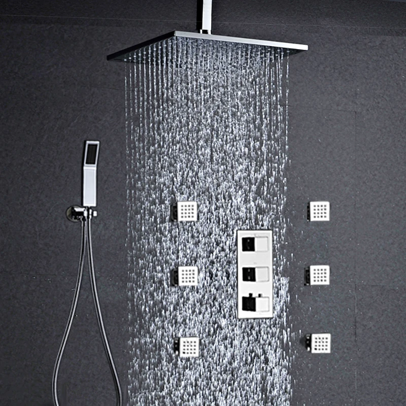 

Bath & Shower Faucet Wall Mounted Rianfall Shower 10'' Ultra Thin Shower Head Tap Thermostatic Shower Set with 6 pcs Body Spray