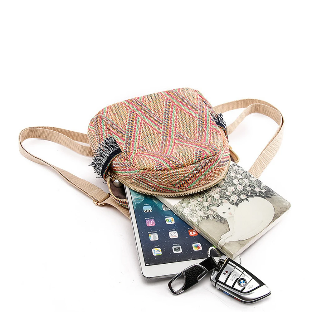 Новинка, плетеная Солома для девочек, рюкзак, летняя пляжная сумка, сумка-мессенджер, национальная полосатая, бохо, жемчужная, милая, портативная
