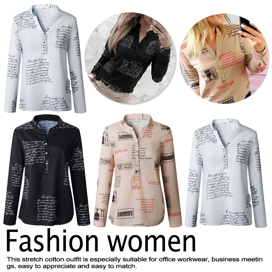 

Contracted Newspaper Letter Print Blouse Women Turn Down Collar Irregular Shirt Top Loose Long Sleeve Vintage Tops Blouses