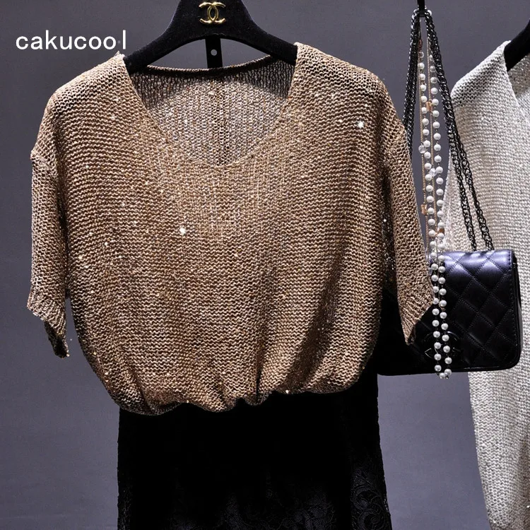 Cakucool для женщин блестками вязать футболка с короткими рукавами футболки девочек