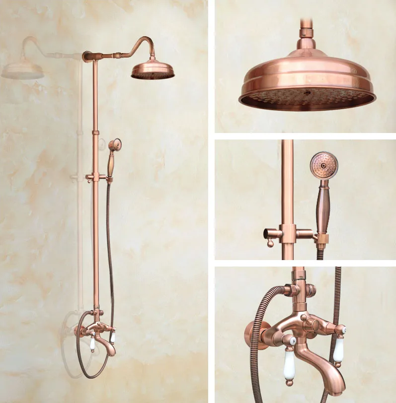 

Antique Red Copper Brass Wall Mounted Bathroom 8" Round Rain Shower Head Faucet Set Dual Ceramic Handles Tub Mixer Tap mrg626