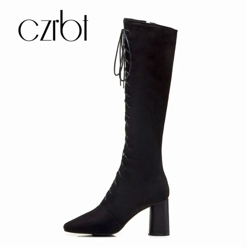 

czrbt 2018 New Winter Plus Velvet Women Boots Pure Black Lace High Shoe Women Casual Shoes Large Size 32~48 Women's Shoes