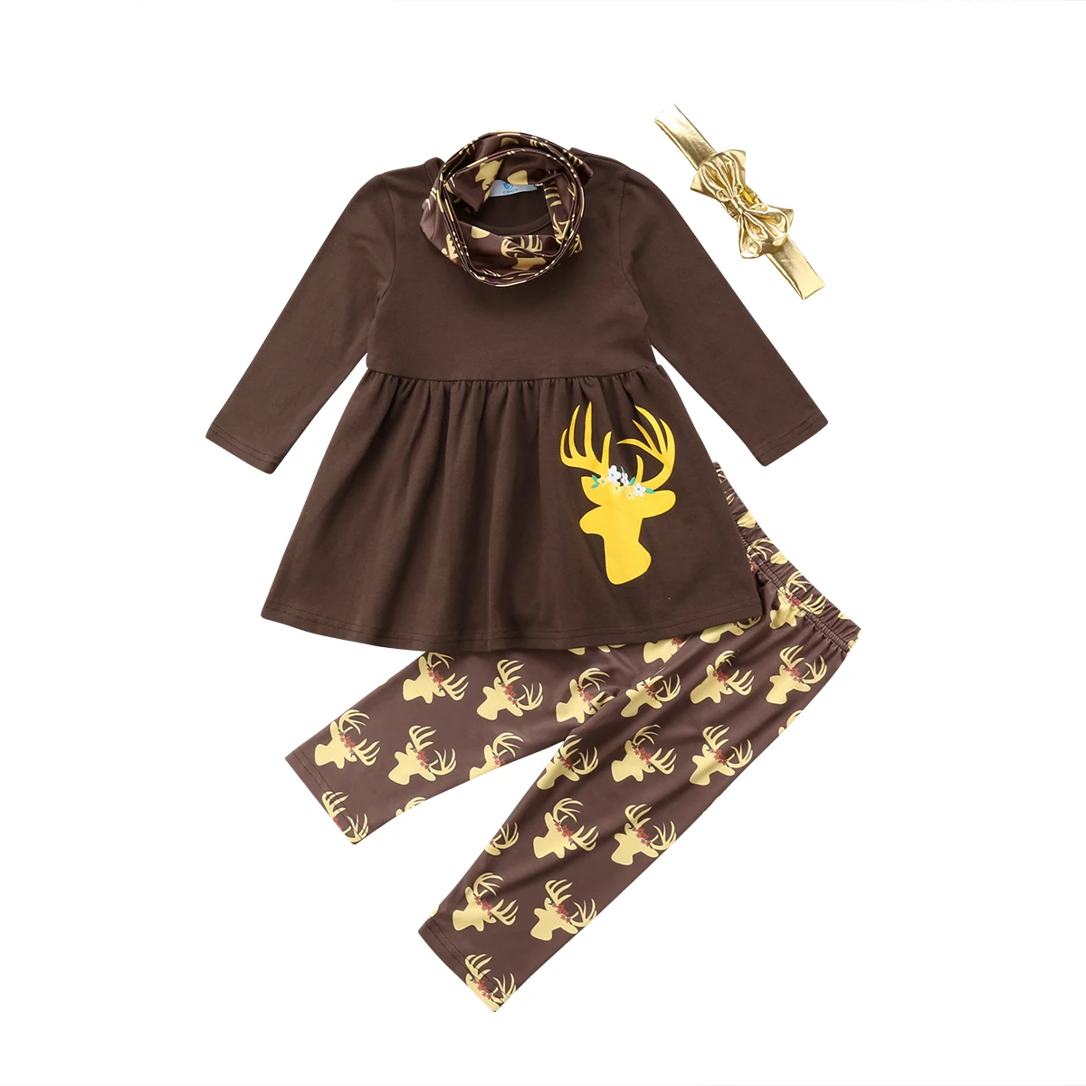 

4Pcs Kid Baby Girls Deer print Outfit Clothes Long Sleeve Tops Dress Long Pants Headband Scarf Clothes Set 2019