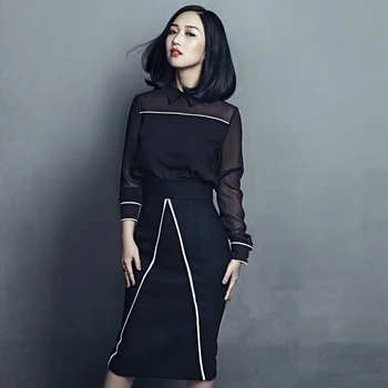 

2018 New spring sweet style suite long-sleeved shirt and slim straight skirt