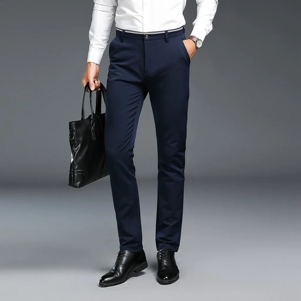 Men's New Fashion Solid Casuall Slim Zippered Business Pants Long Trousers 28-38