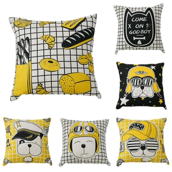 

Plaid Stripe Cartoon Dog Decorative Throw Pillow Case Contrast Color Linen Cotton Home Pillow Cover for Bed Parlor Office Chair