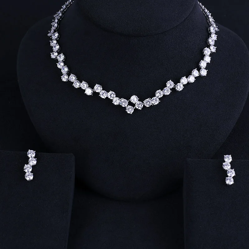 

CLEAR TOP QUALITY BRILLIANT CRYSTAL ZIRCON EARRINGS AND NECKLACE BRIDAL JEWELRY SET WEDDING DRESS ACCESSARIES