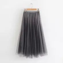 Модные летние для женщин юбка элегантный сетки вуаль длинные однотонная плиссированная юбка кофе серый шифон юбки для Jupe Тюль Femme