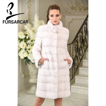 

FURSARCAR 2019 Women Real Mink Fur Coat Stand Collar Luxury Cherry Powder Long Fur Jacket Fashion Winter Warm Trench Women New