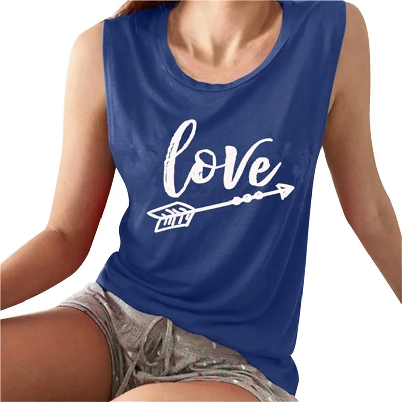 

Love Letter Print Women Summer Tops Cute Arrow Graphic Casual Round Neck Sleeveless Streetwear Tank Top Vogue Women Clothes 2019
