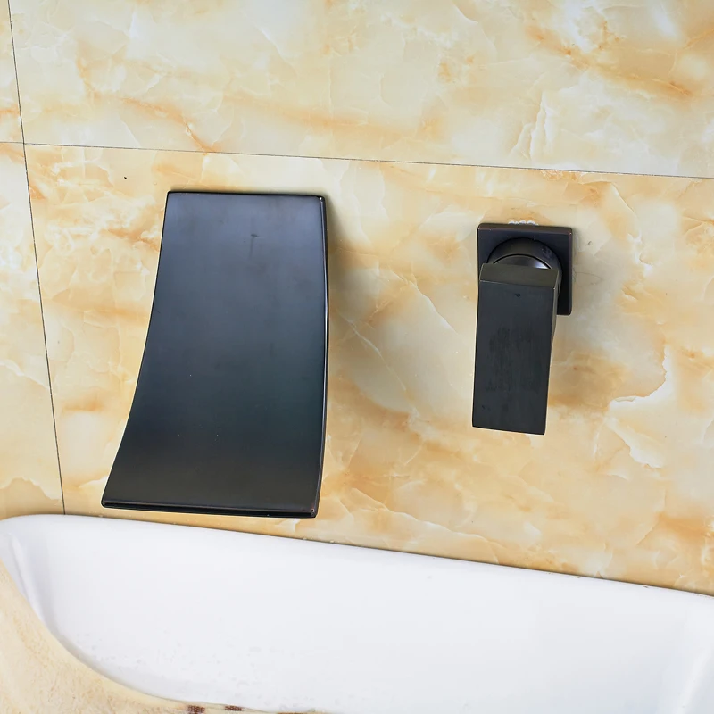 

Modern Waterfall Bathroom Tap Dual Hole Single Handle Wall Mounted Oil Rubbed Bronze Basin Sink Hot and Cold Faucet