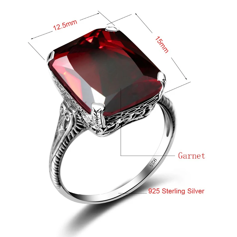 Szjinao New Trend Romantic Square Big Garnet Exquisite Luxury Noble 925 Sterling Silver Crystal Rings for Women