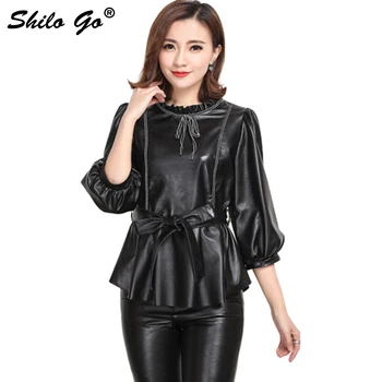 

Leather Blouse Womens Autumn Fashion sheepskin genuine leather Blouse O Neck Lantern Sleeve bow belt A Line blouse