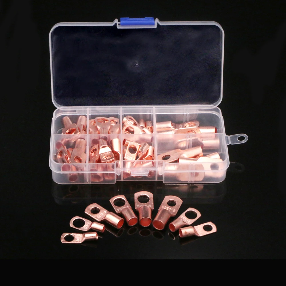 60Pcs SC Bolt Hole Tinned Cable Lugs Battery Terminals Copper Nose Wire Connector Crimped/Soldered Terminal Assorted Kit