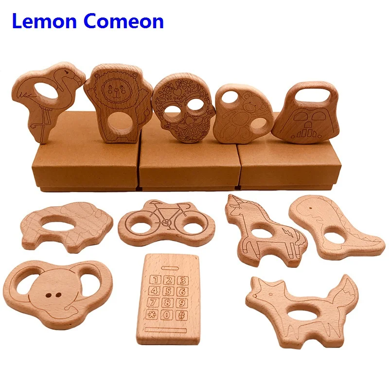 

5Pc Baby Teether Beech Wooden Teether Baby Teething Skull Toy Animals Accessories Kid Teething Necklace Pendant Nursing Holder