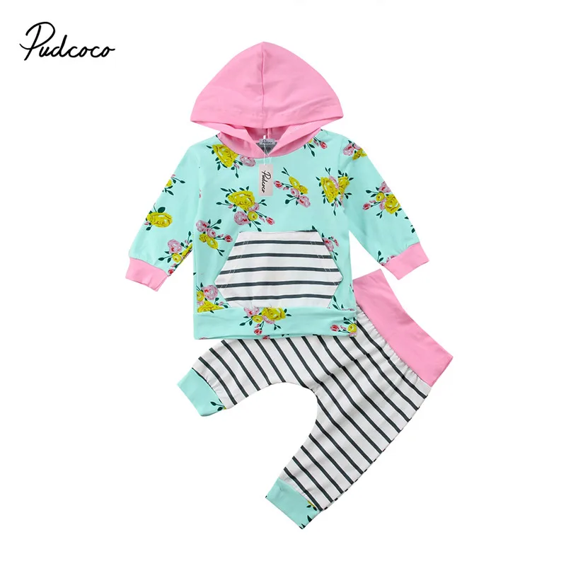  Hot Sale Infant Newborn Autumn Winter Warm Clothes Set Baby girl Floral Print Hoodies Hooded Top Pa