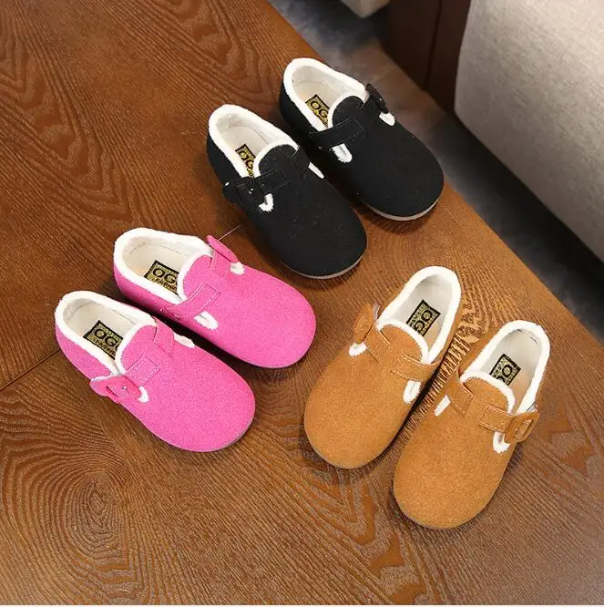 New Kids Leather Shoes Loafers For Girls With Fur Winter Fashion ...