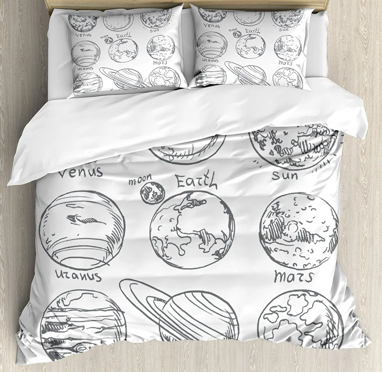 

Doodle Duvet Cover Set Planets of Solar System Sun Mercury Earth Moon Mars Neptune Saturn Jupiter Science, 4 Piece Bedding Set