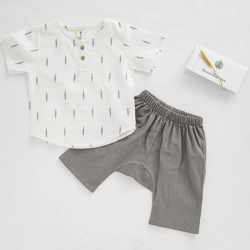 COOTELILI Cotton Linen Toddler Boys Summer Clothing Children Sets Short Sleeve T-shirt+ Pants Girls Clothing Sets 80-120cm (9)
