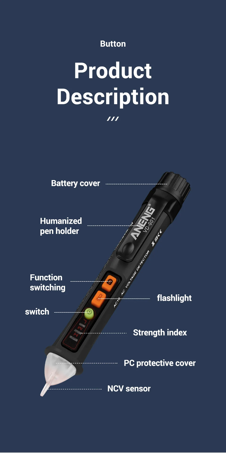 ANENG VD901 Electrical Tester Pen 12-1000V AC Voltmeter 100a AC Voltage Detector Multimeter Outlet Tester Circuit Breaker Finder