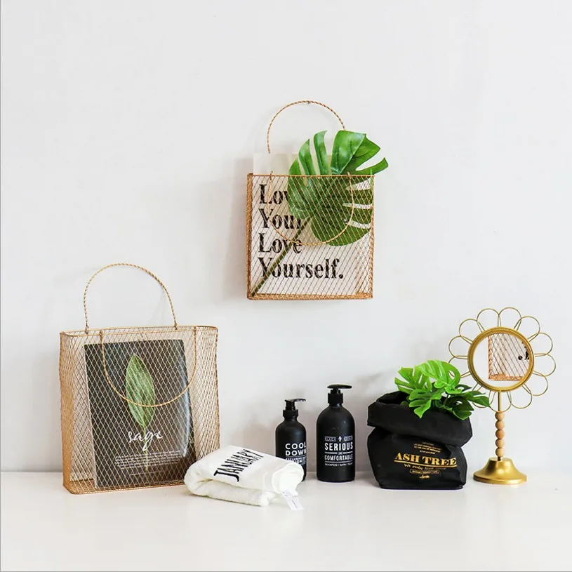 الإبداعية الحديد الحائط مجلة رف كتاب صحيفة الرف تخزين شنقا سلة الذهب/أسود المحمولة سلة التخزين