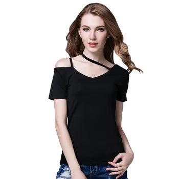 

Sexy One Shoulder Strap Female T-shirt 100% Cotton Thin T-shirt Slim T Shirt Short Sleeve Tees Casual Soft Top Plus Size