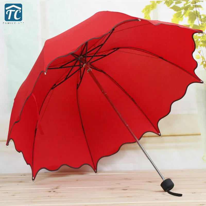Non automatic Three folding Umbrella Rain Women Foldable Cute Flouncing