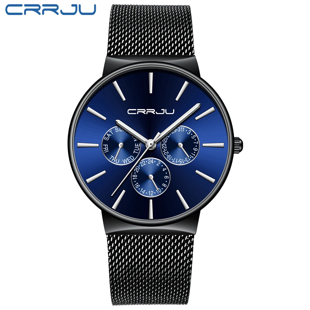 

Crrju Fashion Watch Top Brand Luxury 24 Hour Week Date Men's Watch Ultra Thin Men Watch Men Stainless Steel Waterproof Clock
