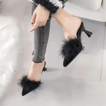 

Zanpace Fur Women Slippers Pointed Toe Shoes 5cm Med Heels Slippers Women Sexy Spring Autumn Feather Slippers Flip Flops Women