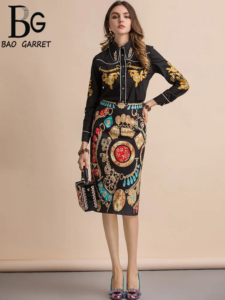 

Baogarret New Fashion Runway Summer Suits Flower Embroidery Full Sleeve Shirts+Geometric Print Midi Skirts Two Pieces Set