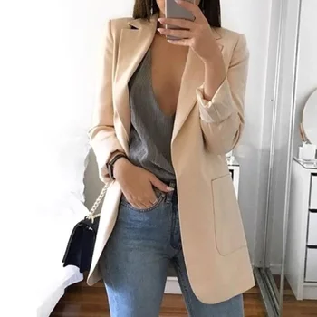 

Slim Fit Work Turn-down Collar Cocktail Casual Outerwear With Pockets Women Blazer Party Solid All- Long Sleeve Daily Wear