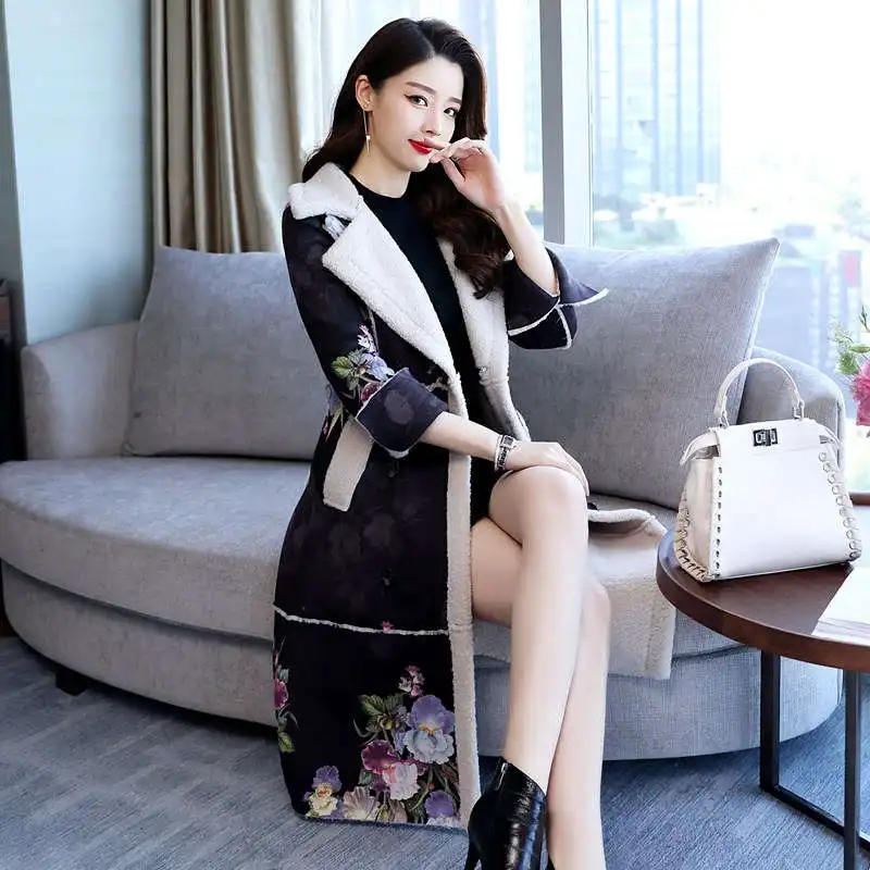 Fashion Elegant Printing Suede Lambs Wool Women Winter Jacket Parka Feminina Thick Long Coat Women Cotton Winter Jackets C5103
