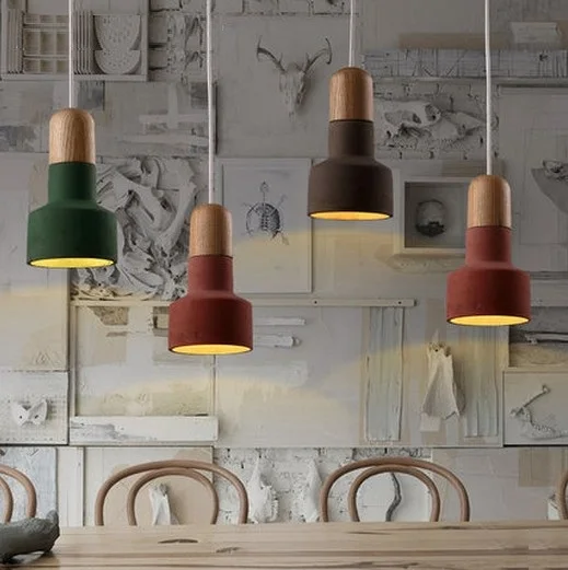 

Loft Style Creative Color Cement Droplight Wood Vintage Pendant Light Fixtures LED Hanging Lamp For Dining Room Indoor Lighting