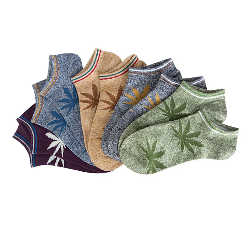 

5 Pairs/Lot Retro Men Combed Cotton Ankle Socks Maple Leaf Pattern Striped Mouth Creative Summer Autumn High Quality Socks